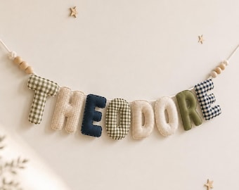 Baby Boy Name Garland, Personalized Fabric Bunting, Gingham Letter Banner, Nursery Wall Decor, Newborn Gift