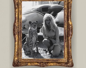 Brigitte Bardot Print with Leopard – Black and White Vintage Poster, Iconic Hollywood Photography Print, Fashion Wall Art