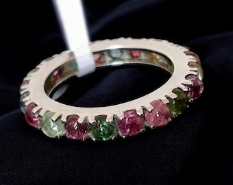 Multi colour Tourmaline Eternity Ring: Round Cabochons Tourmaline Ring Band, 925 Sterling Silver, Valentine's Day Gift, Vintage Ring