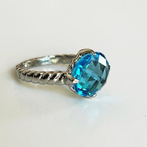 Swiss Blue Topaz Sterling Silver Ring: Checkers cut Oval Gemstone, Solitaire Design Ring, Gift for her