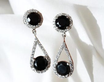Schwarzer Onyx Tropfen Ohrringe, Heller Schwarzer Stein & Silber Ohrringe, Runde Form Onyx Edelsteine, Geschenk zum Valentinstag