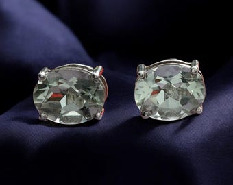 Natural Green Amethyst Stud Earrings, Prasiolite Gemstone Handmade Earring, 925 Sterling Silver Posts, Oval shape Vermarine Studs