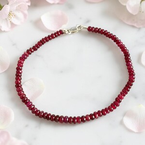 Natural Ruby Beads Bracelet: Deep Red Smooth Beads Rondelles,  Longido Ruby 7.50 Inches Stone Strand, 925 Sterling Silver Clasp