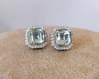 Asscher Schnitt Prasiolith Ohrstecker: Grüne Amethyst Ohrstecker, 925 Sterling Silber Ohrringe, handgefertigt