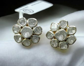 Rosenschliff Diamant Blumen Ohrstecker, Ungeschliffener Diamant Blumen Ohrstecker, Polki Diamanten Silber Pushback Ohrstecker