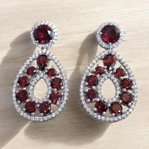 Natural Red Garnet Dangle Drop Earrings: Deep Red Garnet Hanging earring, 925 Silver drop-Earrings, Pushback Statement, Valentine's Day Gift