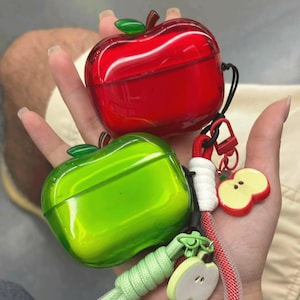 3D Apple Airpod Case with Charm Strap – Cute Red & Green Design, Soft TPU Protective Cover for Airpod 4 Pro Earphones, Birthday Gift for Her