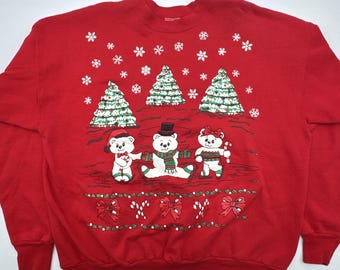Ugly Christmas Sweater Bears Ice Skating Vintage Crewneck Sweatshirt Red XL