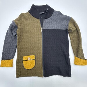 Vintage Colorblock Zip Up Cardigan Sweater Small Women's Patchwork Multicolor
