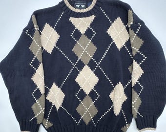 Suéter Woods & Gray para hombre, grande, azul marino, vintage, rombos, Grandpacore, otoño, neutros