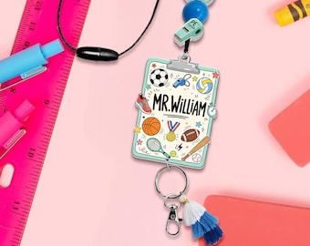 Cordón personalizado para profesor de educación física: Portatarjetas de identificación con portapapeles personalizado y adornos deportivos.