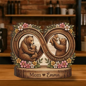 May include: Wooden infinity sign with bear family illustrations and floral accents. The sign reads "Mother & Daughter Forever Linked Together." The base is engraved with "Mom Emma."