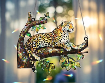 ステンドグラスのヒョウ柄サンキャッチャー：手作りの窓飾り - Etsy 日本