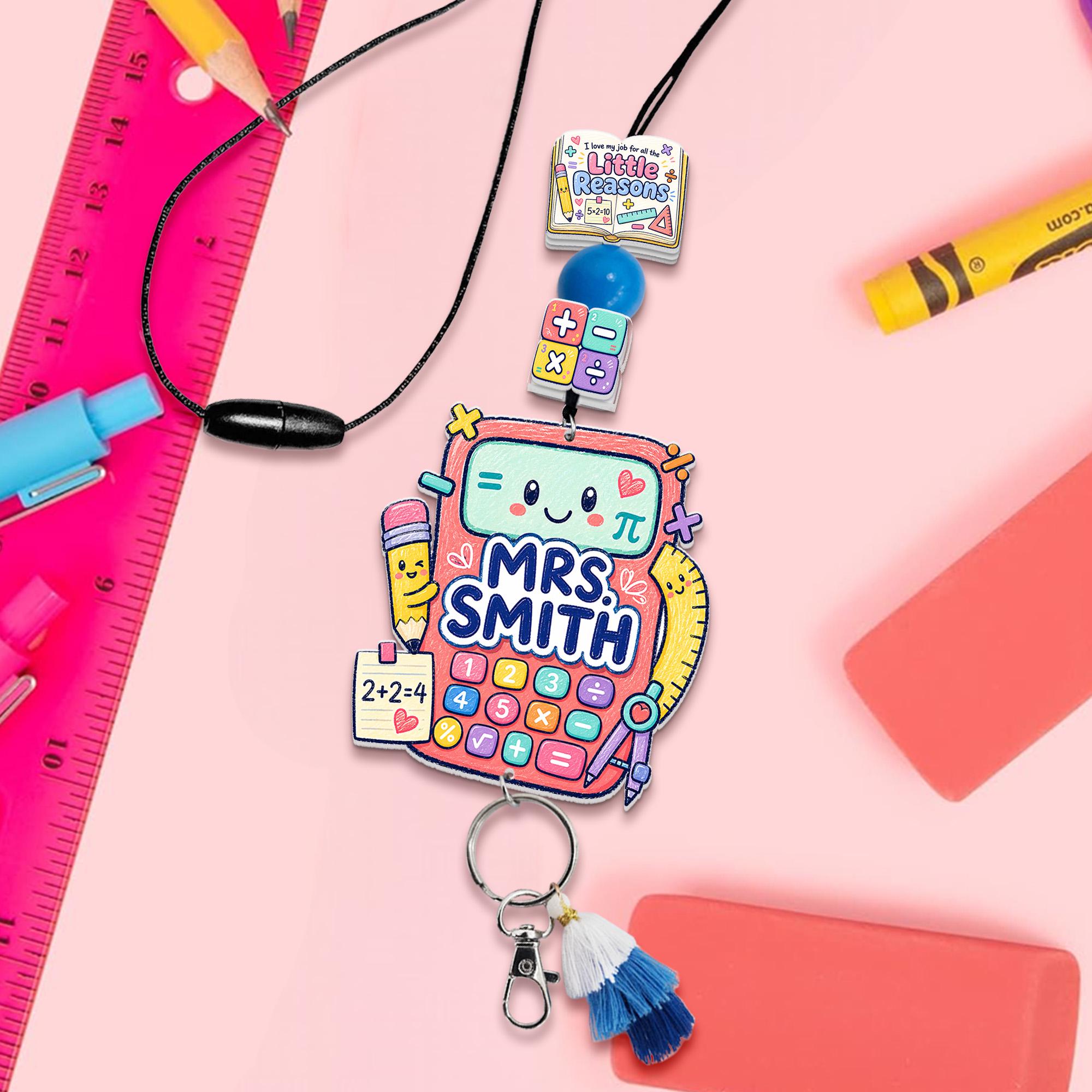 Custom Math Teacher Lanyard: Personalized Calculator Acrylic ID Badge Holder with Beads