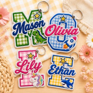 Personalized Gingham Embroidery Keychain: Custom Kids Bag Tag, Initial Name Charm