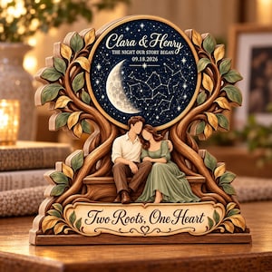 May include: A wooden decorative plaque featuring a carved tree frame surrounding a circular night sky scene with a crescent moon and stars. It displays the text Clara & Henry, THE NIGHT OUR STORY BEGAN, 09.18.2026, and Two Roots, One Heart.