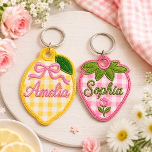 Personalized Embroidered Patch Keychain: Custom Name Fruit, Gingham Lemon Strawberry