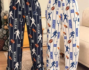 Pantalones de pijama de fútbol personalizados: pantalones de descanso a rayas con nombre personalizado.
