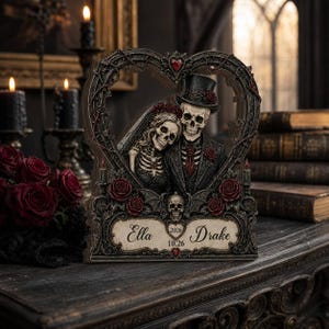 Personalized Gothic Wedding Wooden Block: Custom Skeleton Couple Heart Plaque