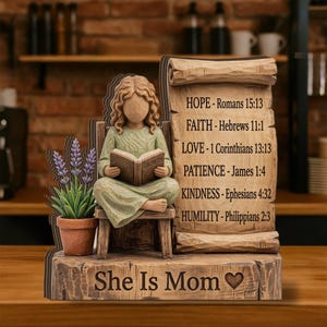 She Is Mom Wooden Block: Christian Bible Verse Desk Sign with Lavender Pot Illustration