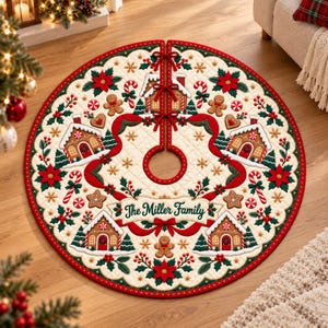 May include: A round, quilted Christmas tree skirt in cream, featuring a festive pattern of gingerbread houses, gingerbread people, candy canes, poinsettias, and holly. The text The Miller Family is printed in green script in the center.