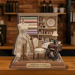 May include: A miniature sewing room diorama with a dress form, sewing machine, and fabric bolts. The scene includes a chair, lamp, and embroidery hoop. The text reads "MOM'S SEWING ROOM JUST A GIRL WHO LOVES SEWING."