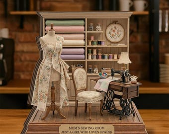 Op de afbeelding: Een miniatuur naaikamer-diorama met een paspop in bloemenstof, een houten stoel en een naaimachine in vintage-stijl. Planken bevatten stofrollen, garenklosjes en een borduurring. Een plaatje vermeldt: MOM'S SEWING ROOM JUST A GIRL WHO LOVES SEWING.