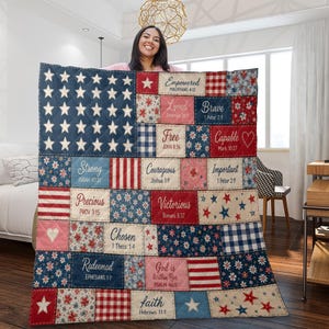 Personalized Quilt Blanket: Scripture Patchwork Patriotic Floral Throw