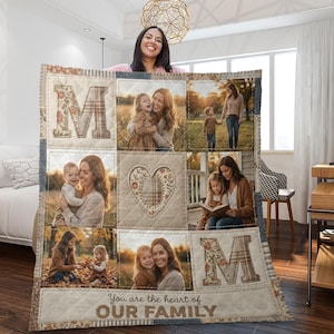 May include: A personalized quilted blanket featuring family photos and the text "You are the heart of OUR FAMILY." The blanket has a patchwork design with the letter "M" and a heart. The color palette includes beige, brown, and floral patterns.