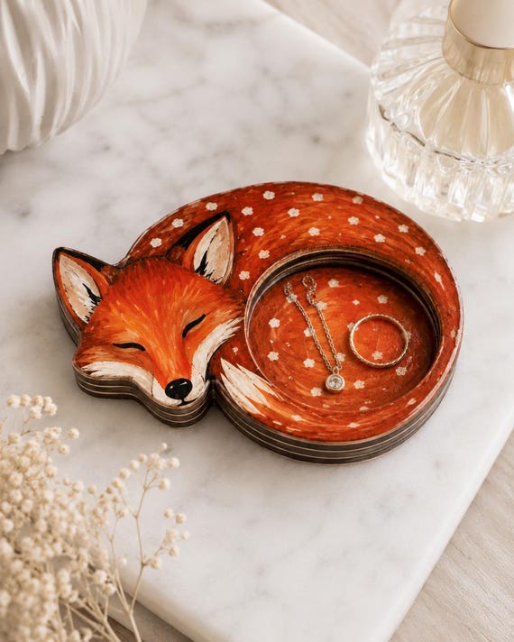Woodland Fox Jewelry Tray, Layered Wooden Ring Dish, Rustic Animal Trinket Holder