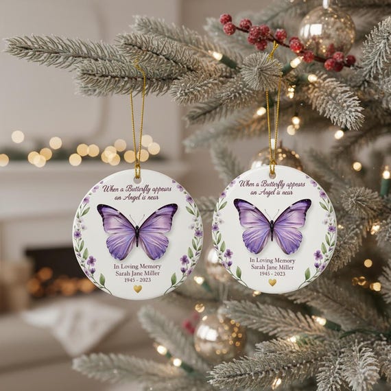 Personalized Butterfly Memorial Ceramic Ornament: In Loving Memory Design with Name and Dates