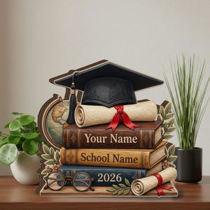 May include: A graduation-themed wooden decoration featuring a black mortarboard, diploma, and stack of books. The books are labeled "Your Name", "School Name", and "2026". A globe and eyeglasses are also included in the design.