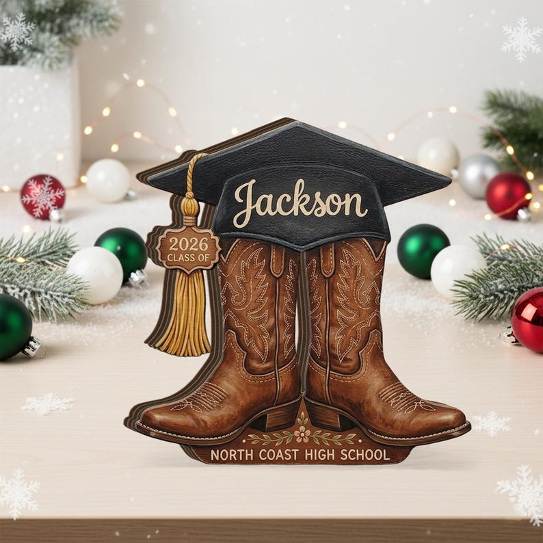 Personalized Wooden Block, Graduation Cap Cowboy Boots Decor, Custom ...