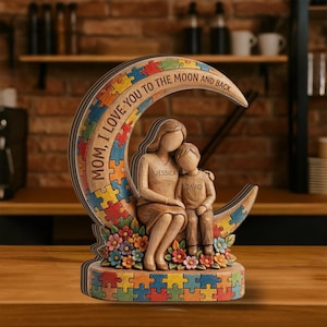 Personalized Wooden Block: Custom Mother Child Crescent Moon Puzzle Pattern Desktop Decor