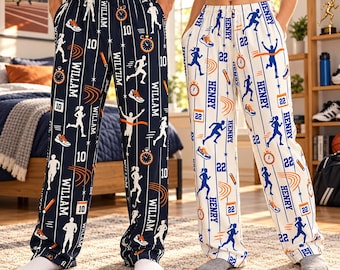 Personalized Running Pajama Pants: Custom Name Pinstripe Track Lounge Bottoms