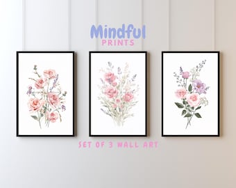 Minimalist pastel flower wall art set of 3 pink roses lavender abstract printable bedroom living room decor digital