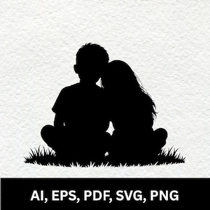 May include: A black silhouette graphic of two children sitting together on a patch of grass. The child on the left has short hair, and the child on the right has long hair. The text AI, EPS, PDF, SVG, PNG is printed in white at the bottom.