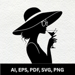 Könnte beinhalten: Eine schwarze Silhouette einer Person im Profil, die einen breitkrempigen Hut und eine Sonnenbrille trägt und ein Martiniglas mit einer Garnierung hält. Der Text AI, EPS, PDF, SVG, PNG ist unten im Design in Weiß gedruckt.