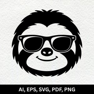 May include: A black and white graphic illustration of a sloth face wearing dark sunglasses. The sloth has a rounded head with shaggy fur, a small nose, and a subtle smile. Below the image, the text reads AI, EPS, SVG, PDF, PNG.