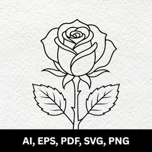 May include: A black and white line art illustration of a single rose with a central bloom, sepals, a stem with small thorns, and two serrated leaves. The text AI, EPS, PDF, SVG, PNG is displayed at the bottom of the graphic design.