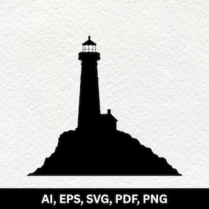May include: A black silhouette graphic of a lighthouse standing on a rocky base. The lighthouse features a tall cylindrical tower with a lantern room at the top and a small attached structure. The text AI, EPS, SVG, PDF, PNG appears below.