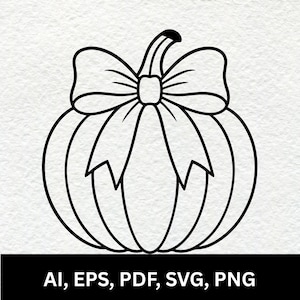 Könnte beinhalten: Eine schwarz-weiße Strichzeichnung eines Kürbisses mit einer großen dekorativen Schleife um den Stiel. Das Design wird als digitale Grafikdatei präsentiert, wobei der Text AI, EPS, PDF, SVG, PNG am unteren Rand des Bildes zu sehen ist.