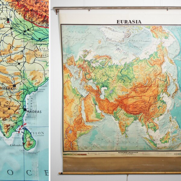 Huge Vintage 1960's  Eurasia Pull Down Classroom Map, Made in West Germany