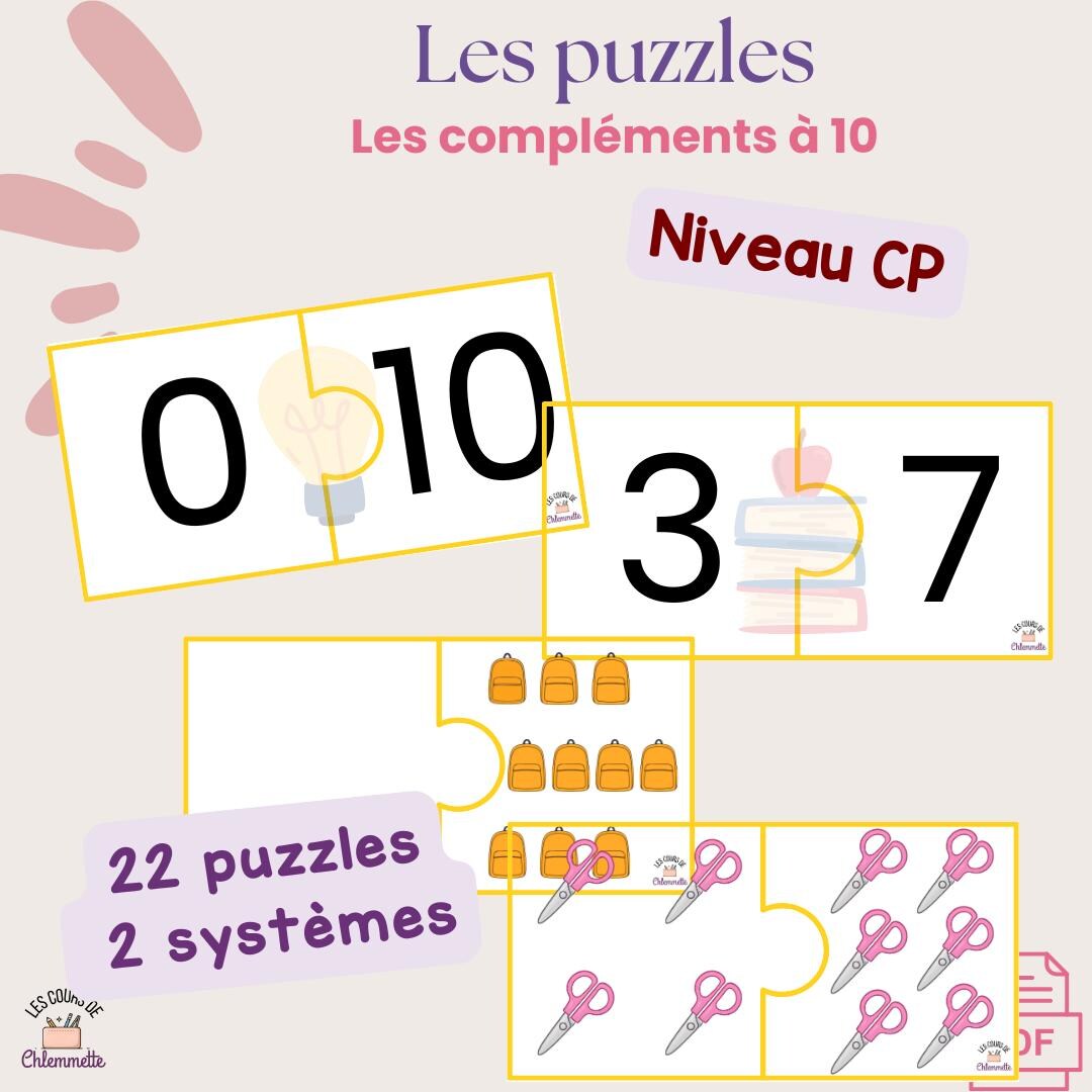 Complement Puzzle Cartes Puzzle Compléments à 10 CP CE1 | Calcul Mental Addition ...