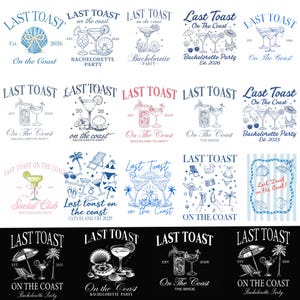 Puede incluir: Una colección de logotipos de Last Toast con ilustraciones de temática costera y playera. Los diseños incluyen cócteles, conchas marinas y accesorios de playa, con texto como "Bachelorette Party" y "On the Coast". Los logotipos están en varios colores y estilos.