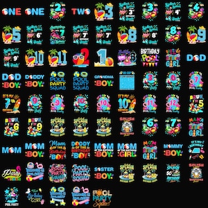 Peut inclure: Une collection de graphismes colorés sur fond noir. Les motifs comprennent des chiffres, du texte comme "Pool Party" et des phrases comme "It's My Birthday". Les motifs présentent des thèmes de plage et de piscine.
