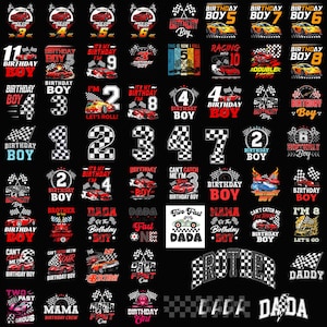 Op de afbeelding: Een verzameling verjaardagsontwerpen met raceauto's, geblokte vlaggen en vetgedrukte tekst. Ontwerpen bevatten cijfers, zinnen als "Birthday Boy" en raceslogans. Het kleurenpalet is voornamelijk rood, zwart en wit.