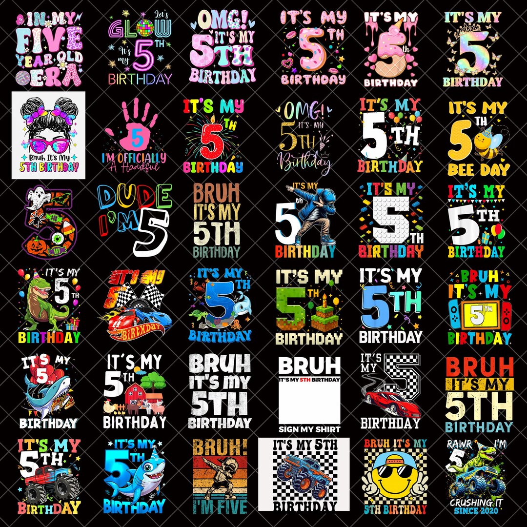 5th Birthday PNG Bundle, Fifth Birthday Boy Girl PNG, Kids Birthday ...