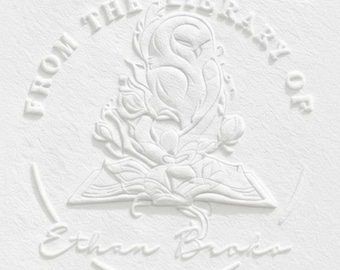May include: White embossed design with the text "FROM THE LIBRARY OF" and "Ethan Brooks". The design features a central floral motif and a stylized bird or mythical creature.