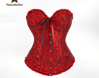 May include: Red corset with a floral pattern, black trim, and a black bow. The corset has a sweetheart neckline and a row of buttons down the front. The brand name "TheLeatherStar" is in the upper left corner.